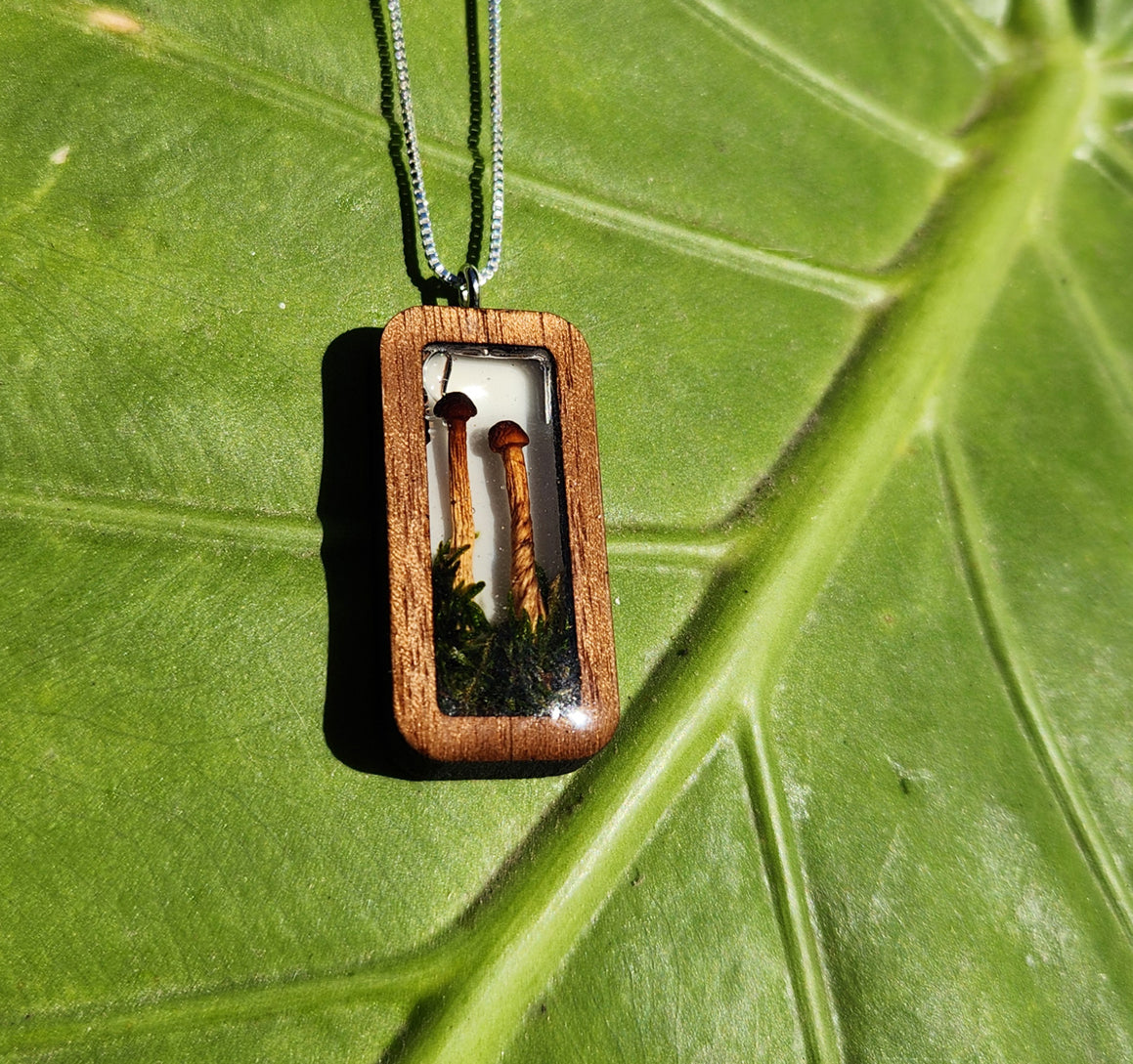 Mushroom and Moss Necklace In Wood Bezel