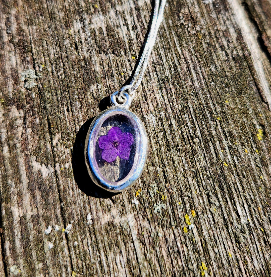 Necklace - Mini Purple Flower Silver Oval Bezel