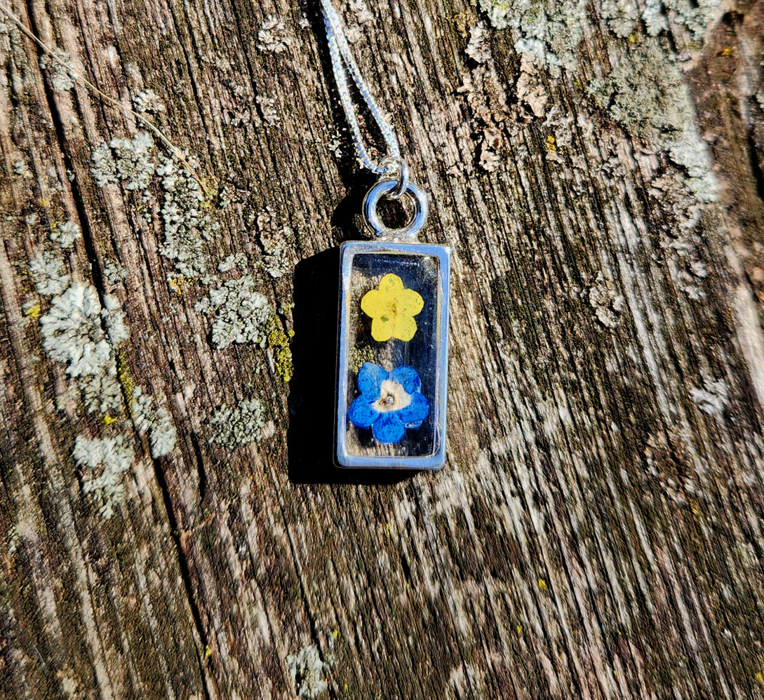 Necklace - Mini Blue Forget-Me-Knot and Yellow Flower Silver Rectangle Bezel