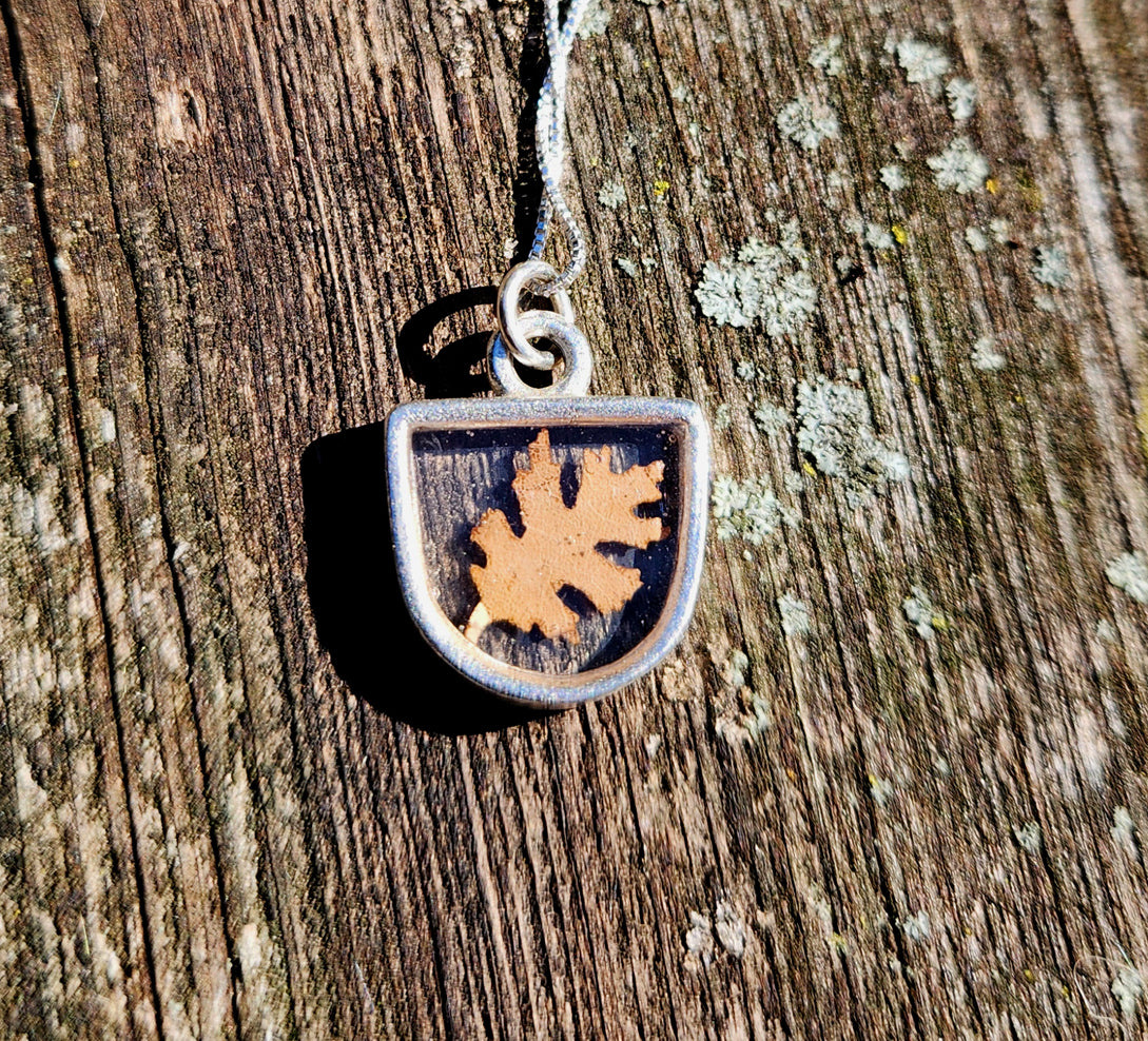 Necklace - Mini Oak leaf Silver Hexagon Bezel