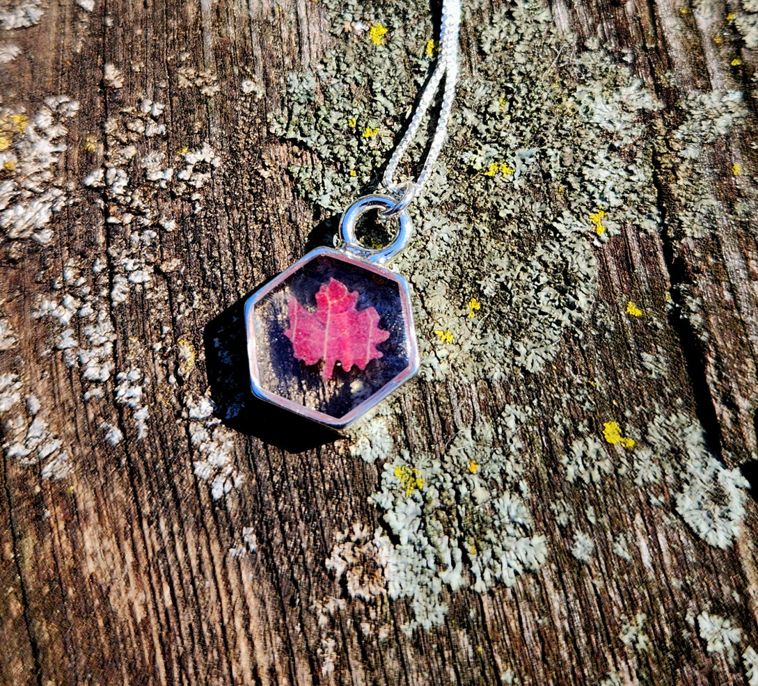 Necklace - Mini Maple leaf Silver Hexagon Bezel