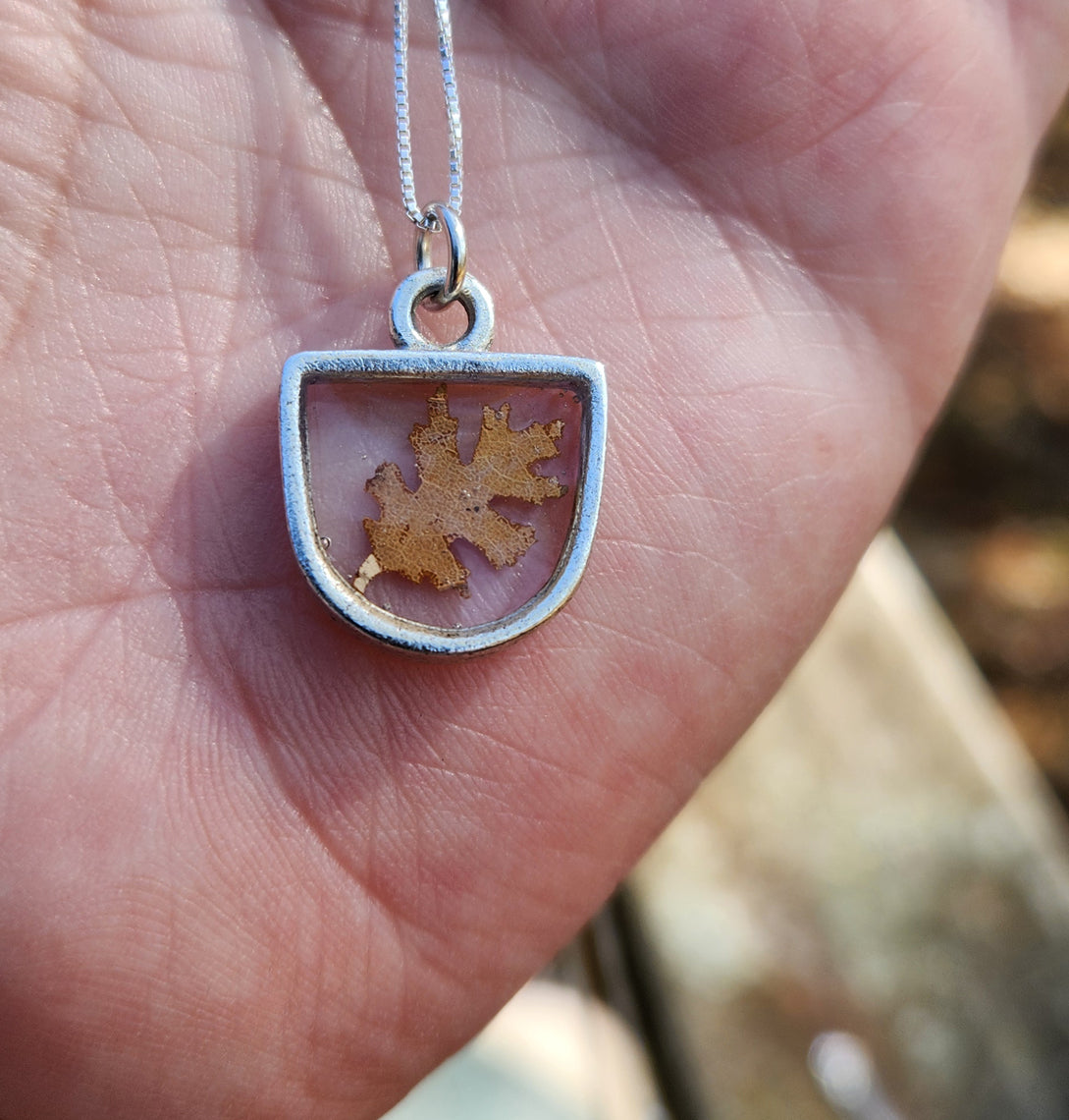 Necklace - Mini Oak leaf Silver Hexagon Bezel