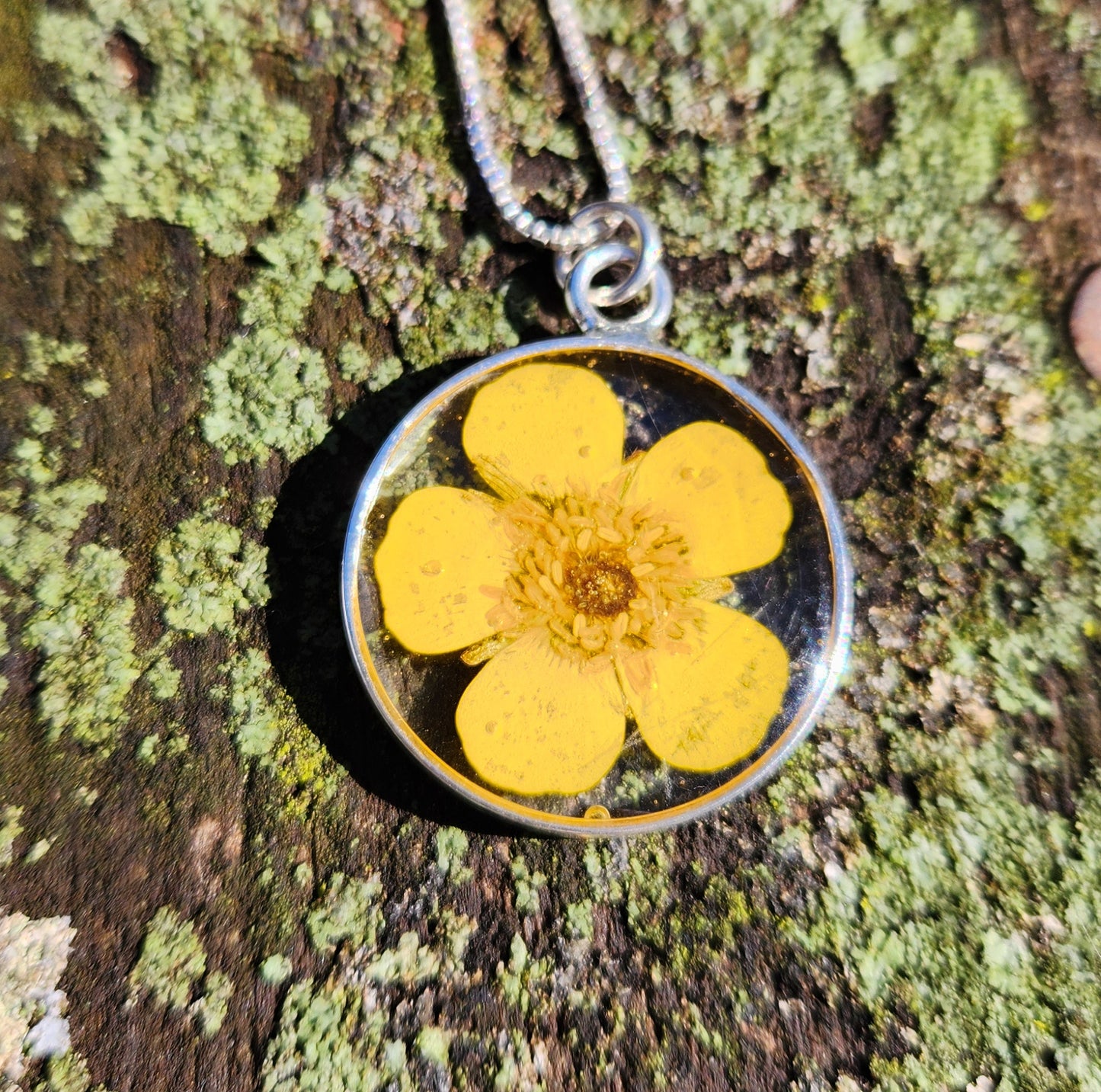 Necklace - Buttercup Flower in a Round Silver Bezel
