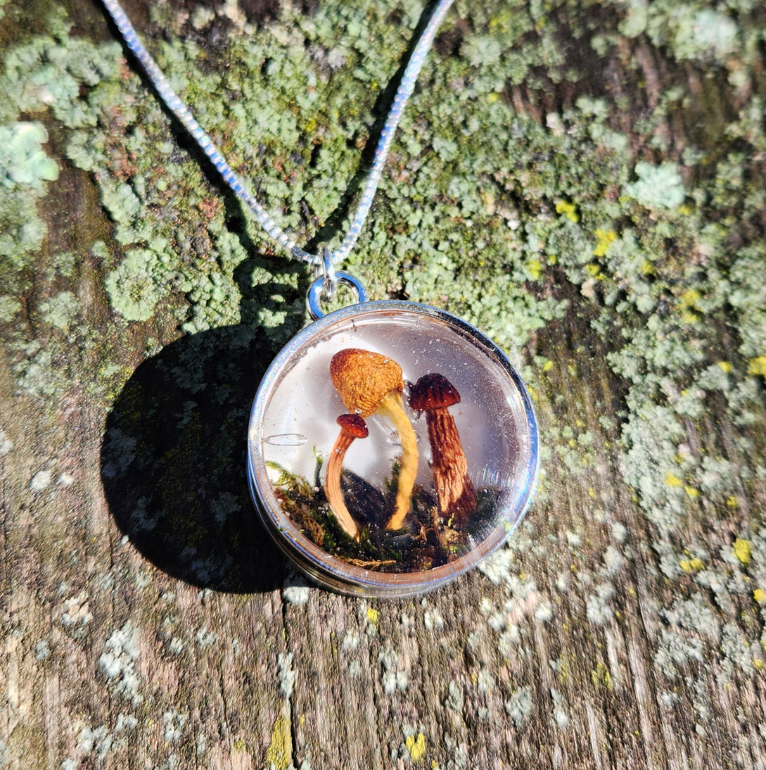 Necklace - Mushrooms and Moss in a Round Silver Bezel