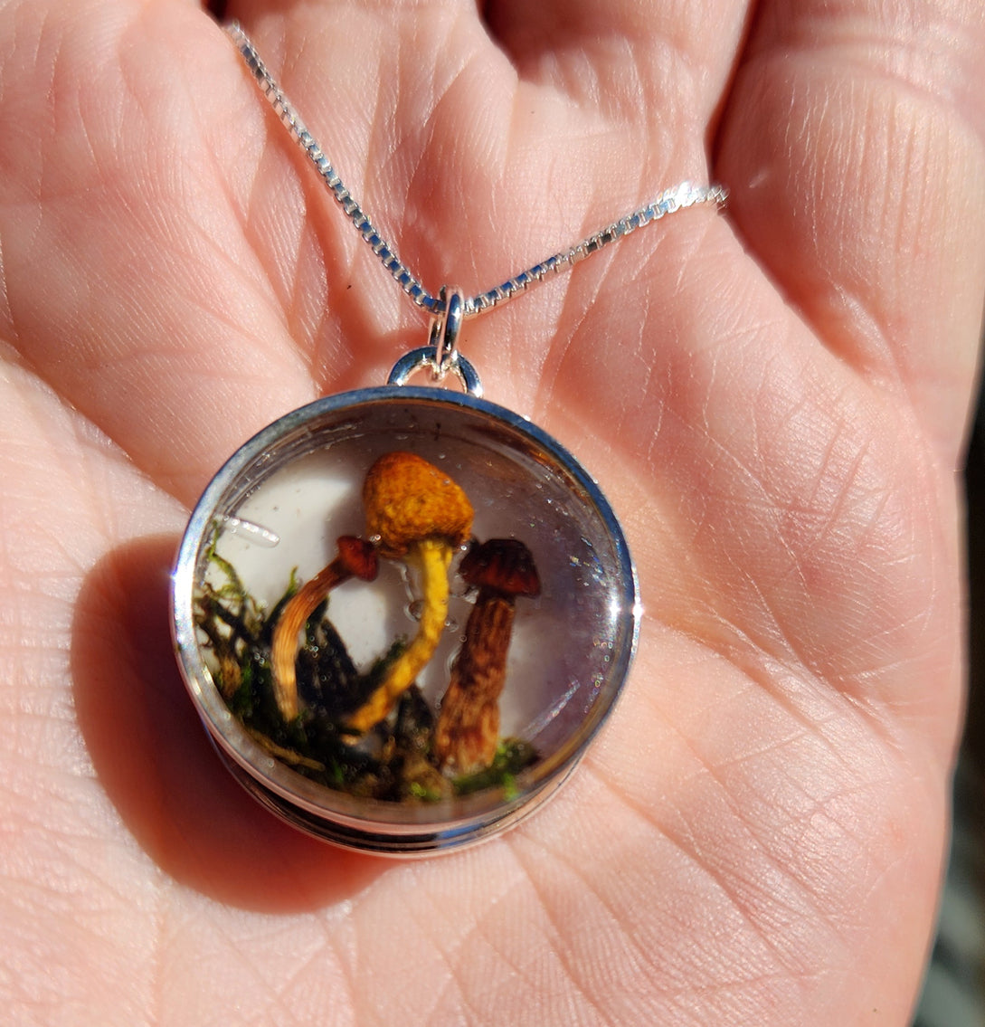 Necklace - Mushrooms and Moss in a Round Silver Bezel