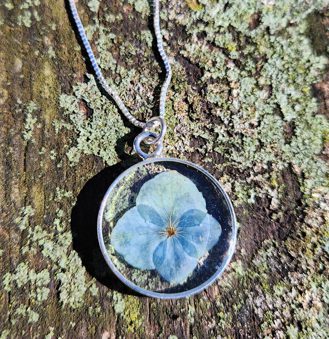 Necklace - Hydrangea Flower in a Round Silver Bezel