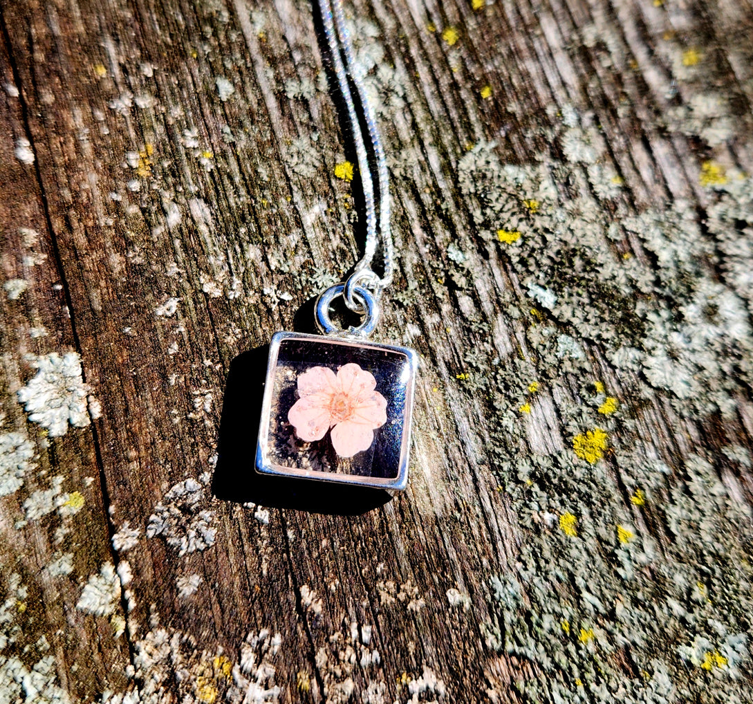 Necklace - Mini Pink Flower Silver Square Bezel