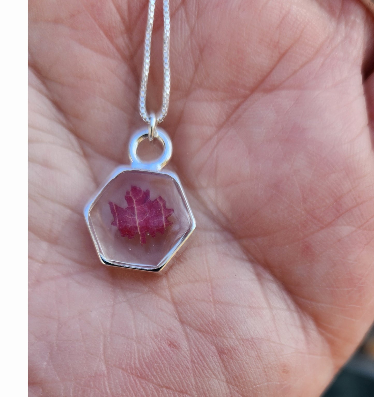 Necklace - Mini Maple leaf Silver Hexagon Bezel