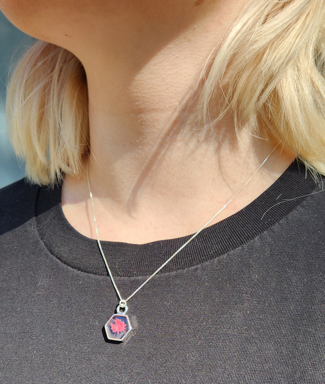 Necklace - Mini Maple leaf Silver Hexagon Bezel