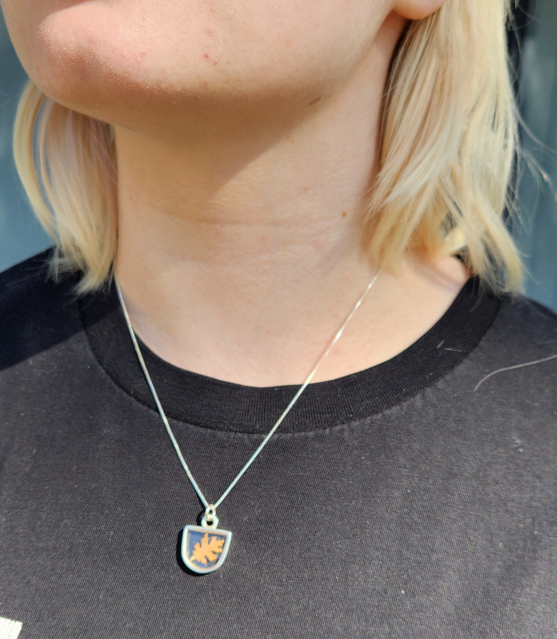 Necklace - Mini Oak leaf Silver Hexagon Bezel