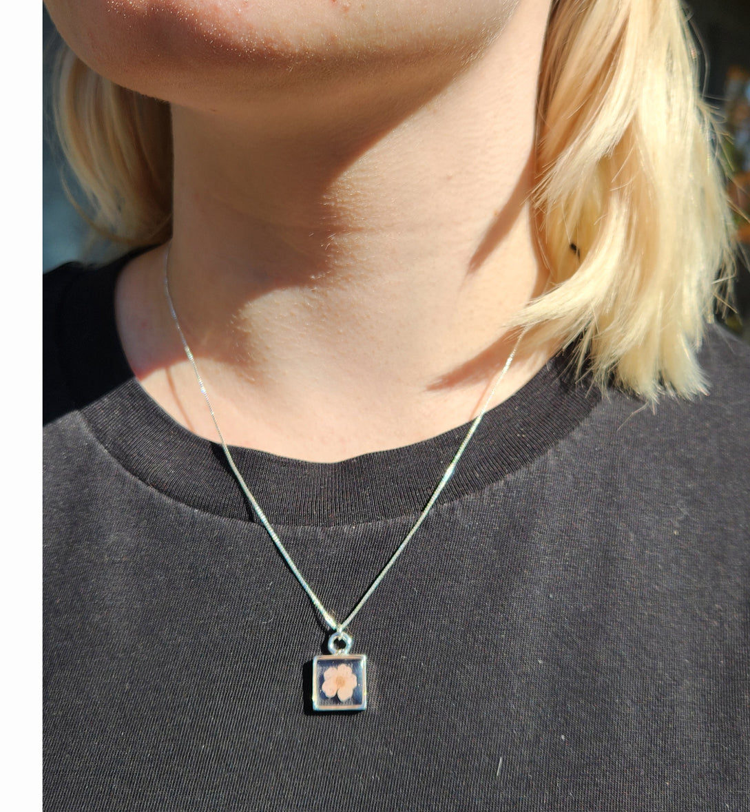 Necklace - Mini Pink Flower Silver Square Bezel