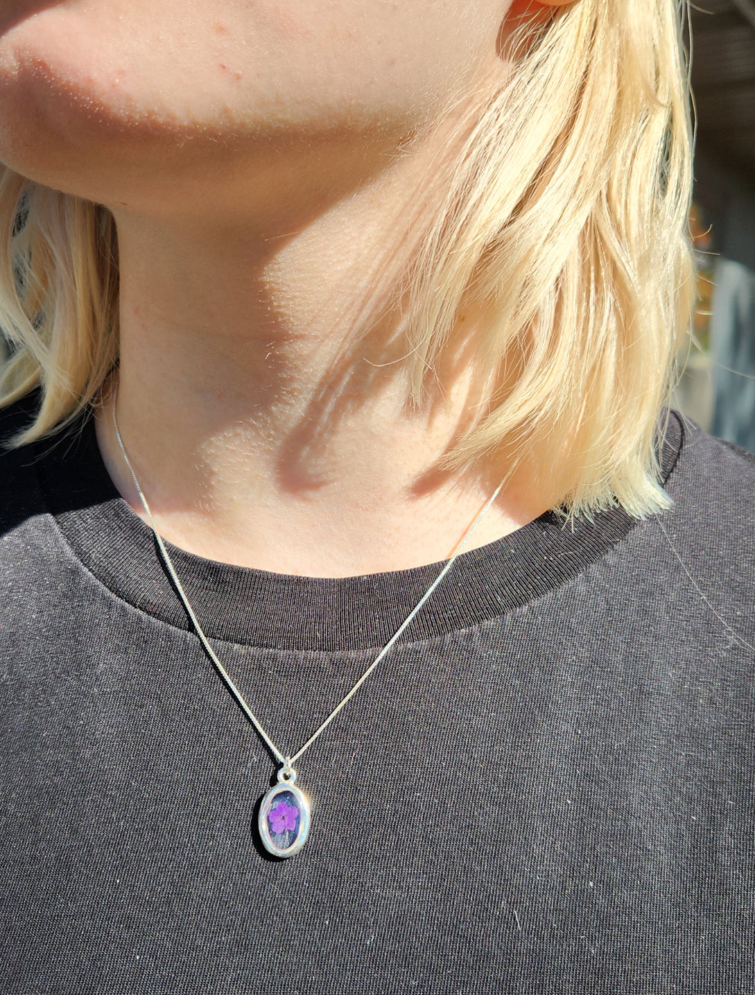 Necklace - Mini Purple Flower Silver Oval Bezel