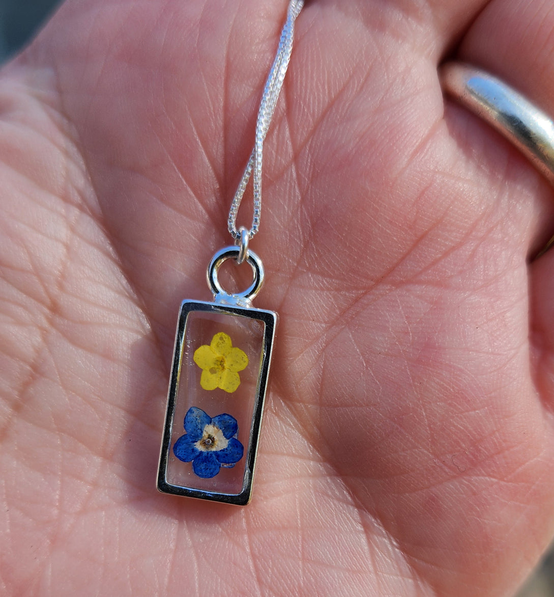 Necklace - Mini Blue Forget-Me-Knot and Yellow Flower Silver Rectangle Bezel