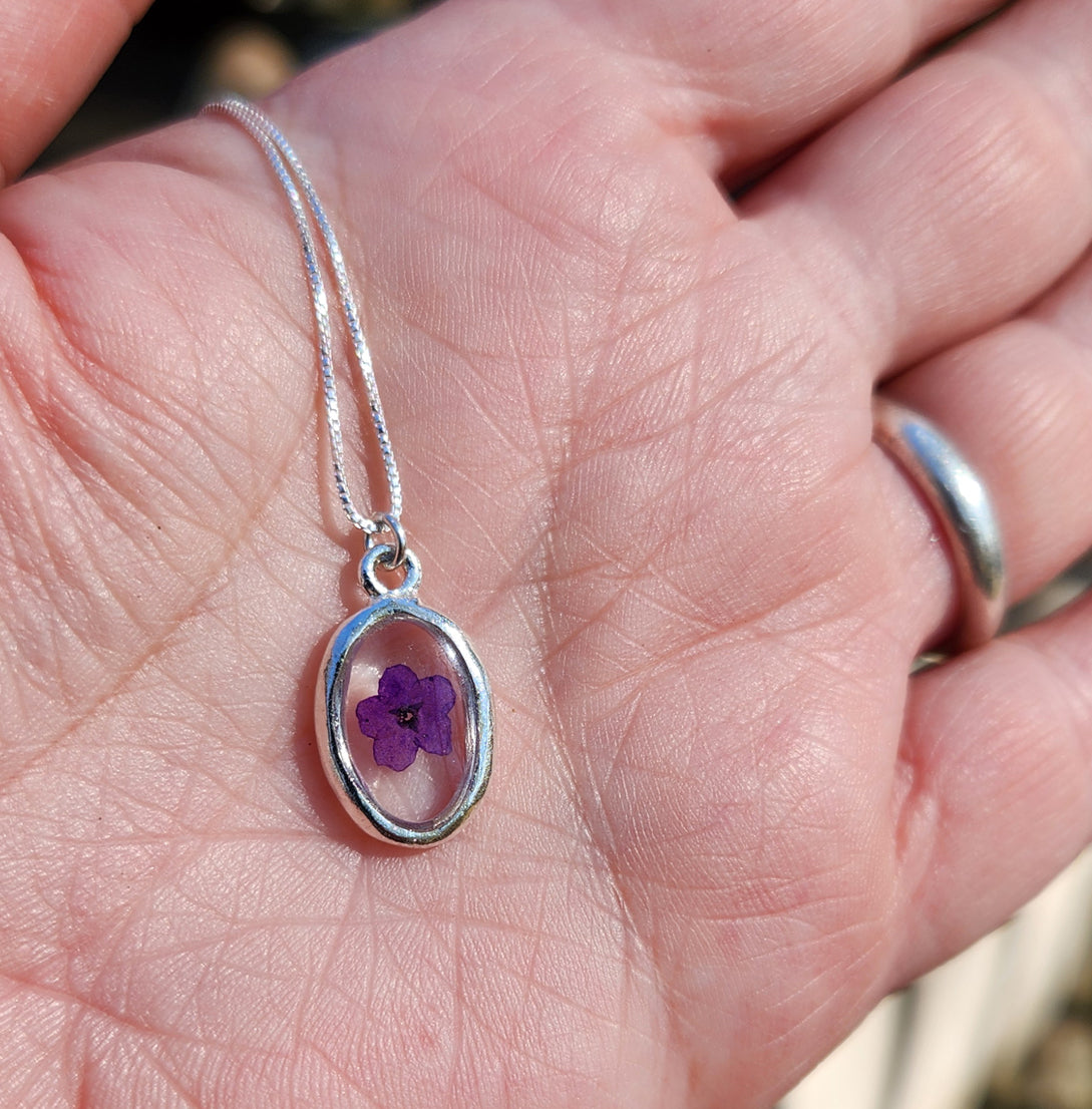 Necklace - Mini Purple Flower Silver Oval Bezel