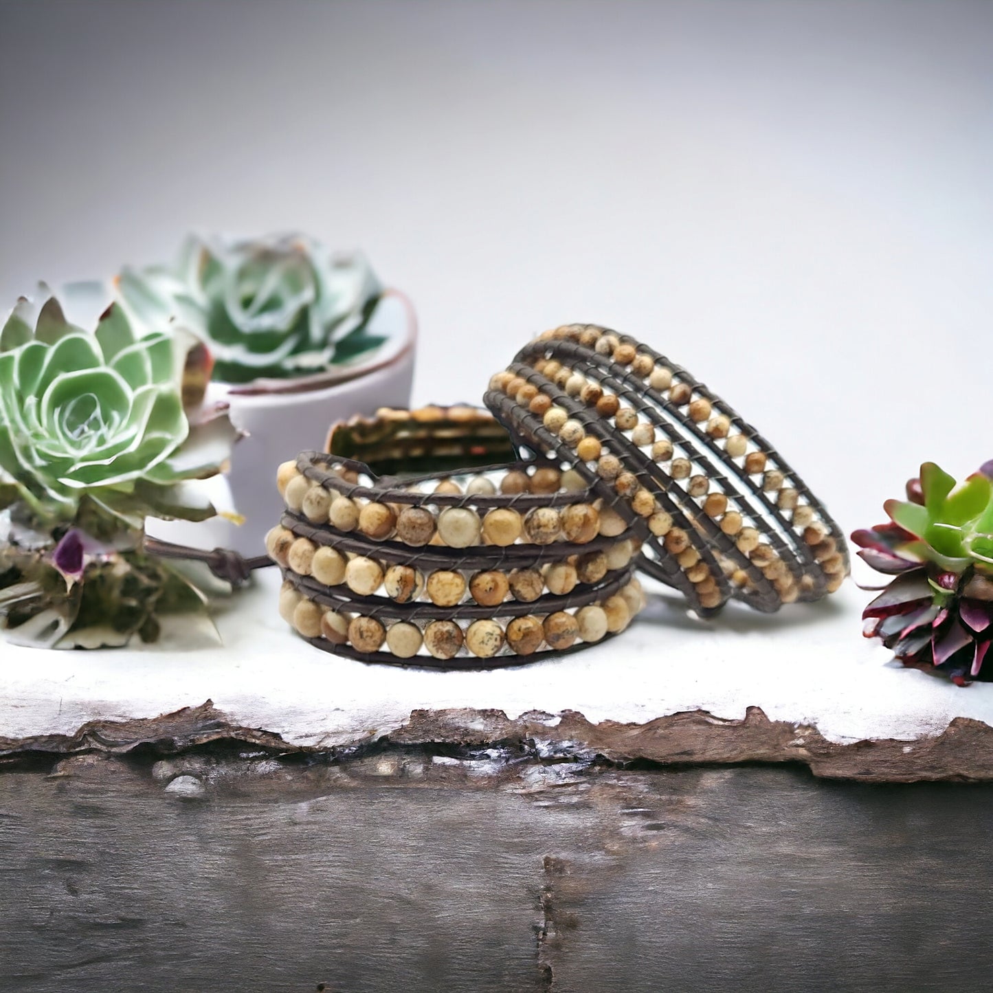 Beaded Wrap Bracelet - Picture Jasper On Leather