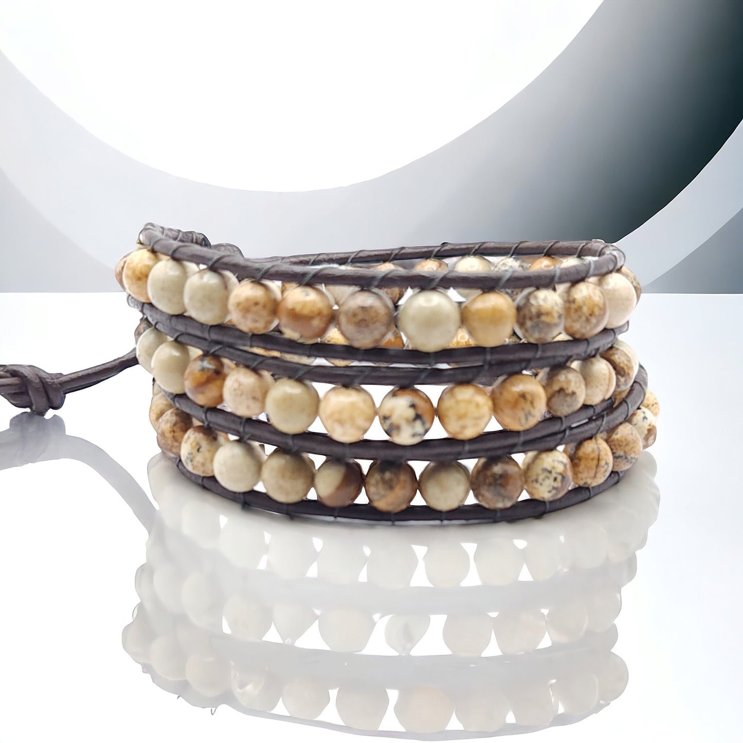 Beaded Wrap Bracelet - Picture Jasper On Leather