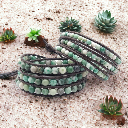 Beaded Wrap Bracelet - Jade Small Bead On Leather