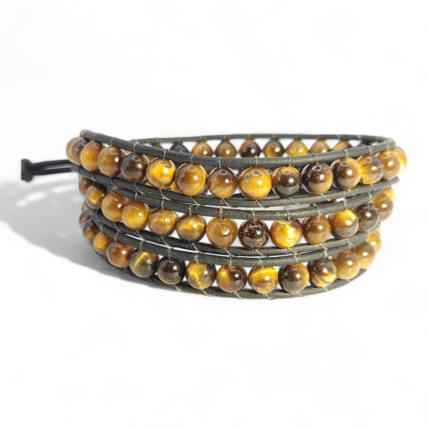 Beaded Leather Wrap Bracelet - Tigers Eye Large Beads On Leather