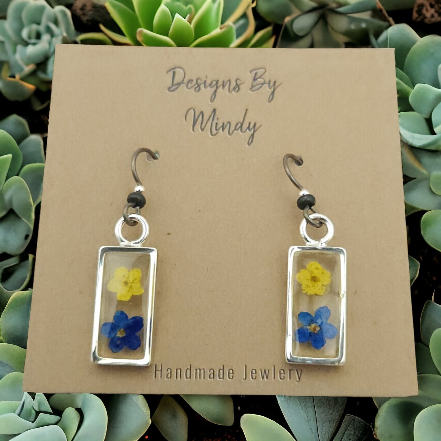 Forget-me-not Blue and Yellow Flower Earrings In Small Silver  Bezel