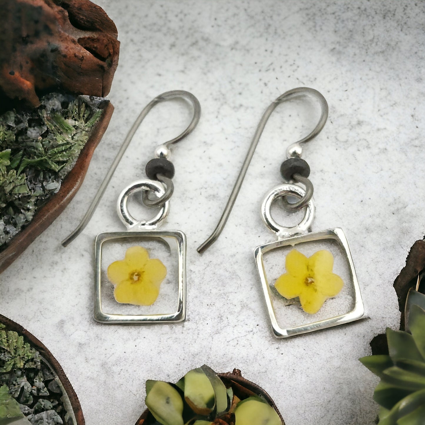 Forget-me-nots Yellow Earrings In Tiny Silver Bezel