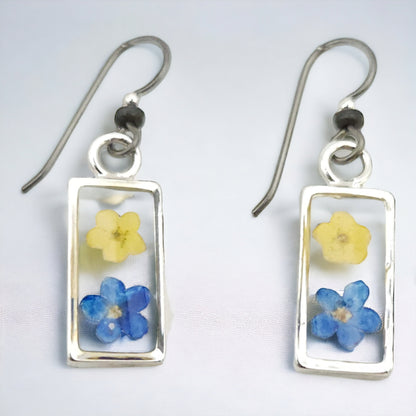 Forget-me-not Blue and Yellow Flower Earrings In Small Silver  Bezel