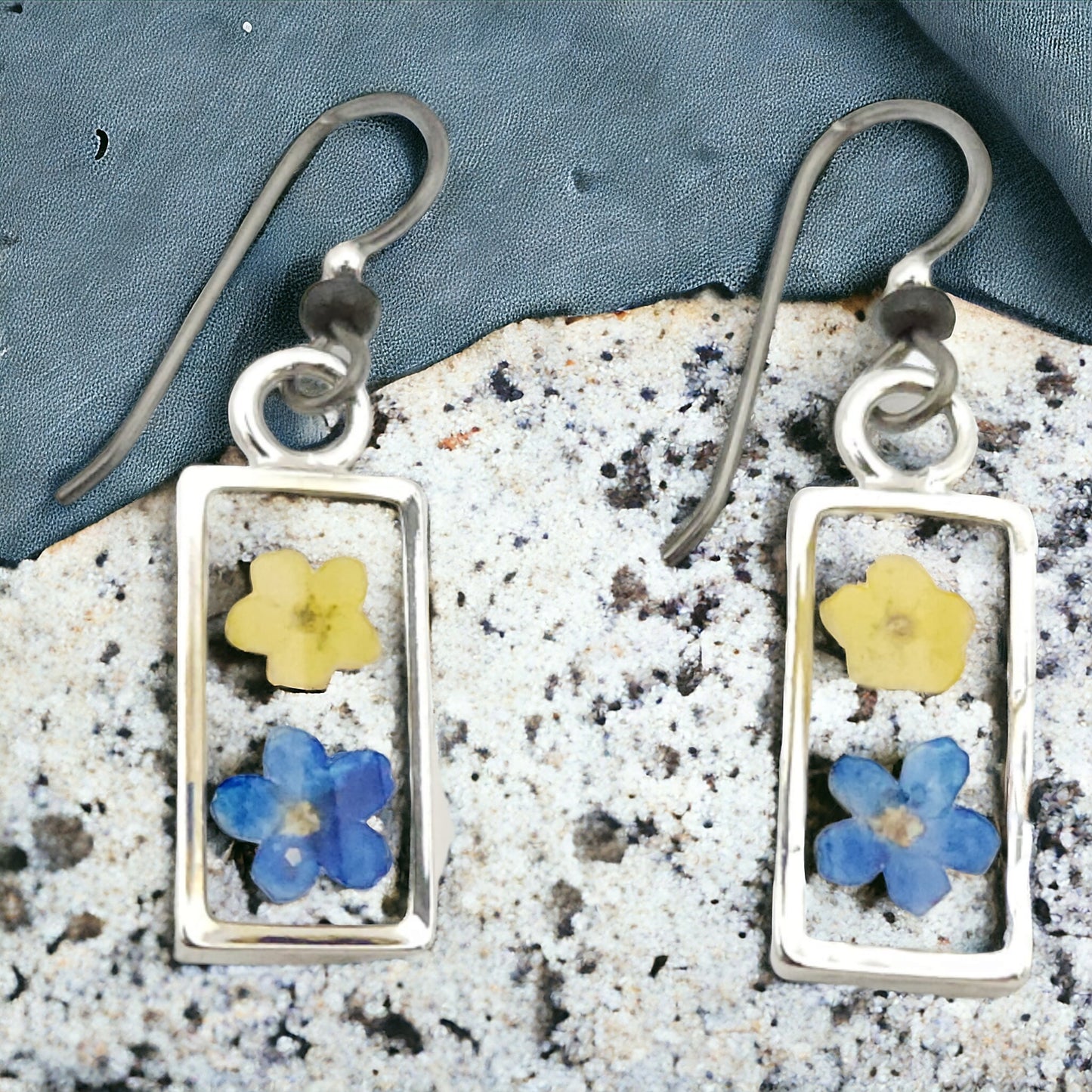 Forget-me-not Blue and Yellow Flower Earrings In Small Silver Bezel