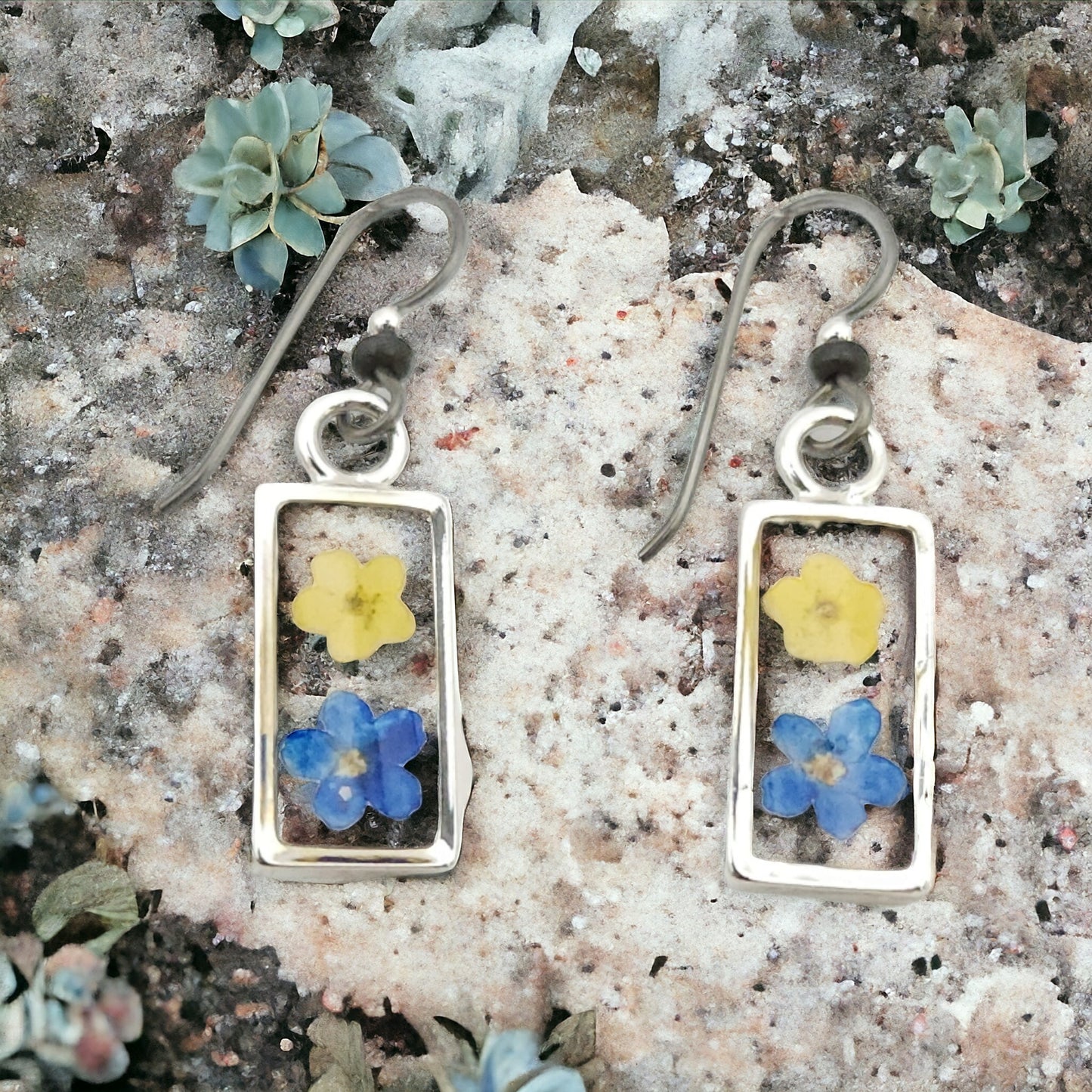 Forget-me-not Blue and Yellow Flower Earrings In Small Silver Bezel