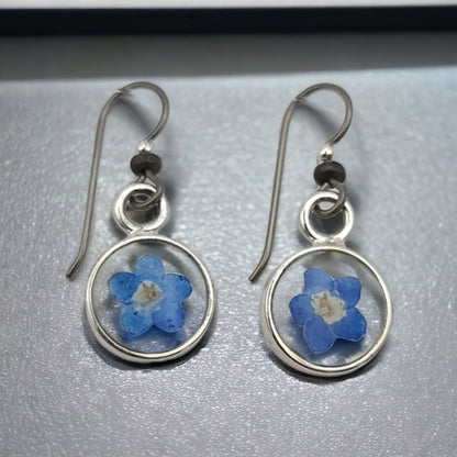 Forget-me-not Blue Flower Earrings In  Tiny Silver Bezel