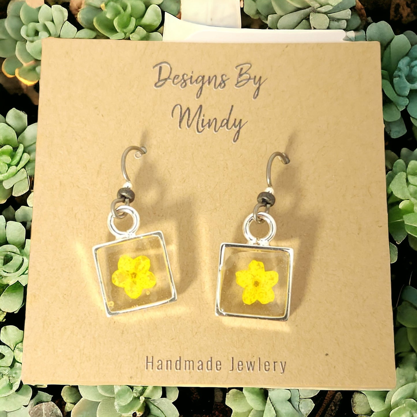 Forget-me-nots Yellow Flower Earrings In Small Silver Bezel