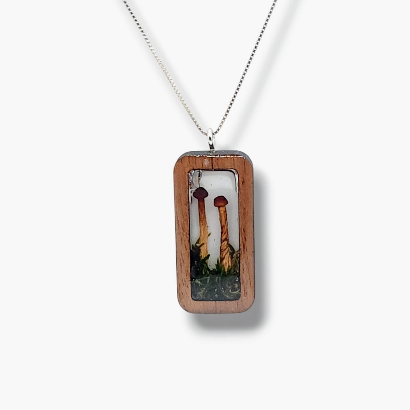 Mushroom and Moss Necklace In Wood Bezel