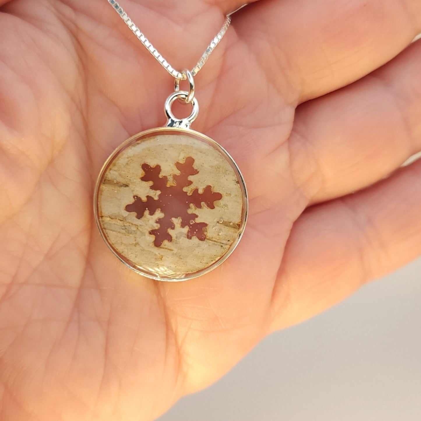 Birch Bark Snowflake Necklace In Silver Bezel