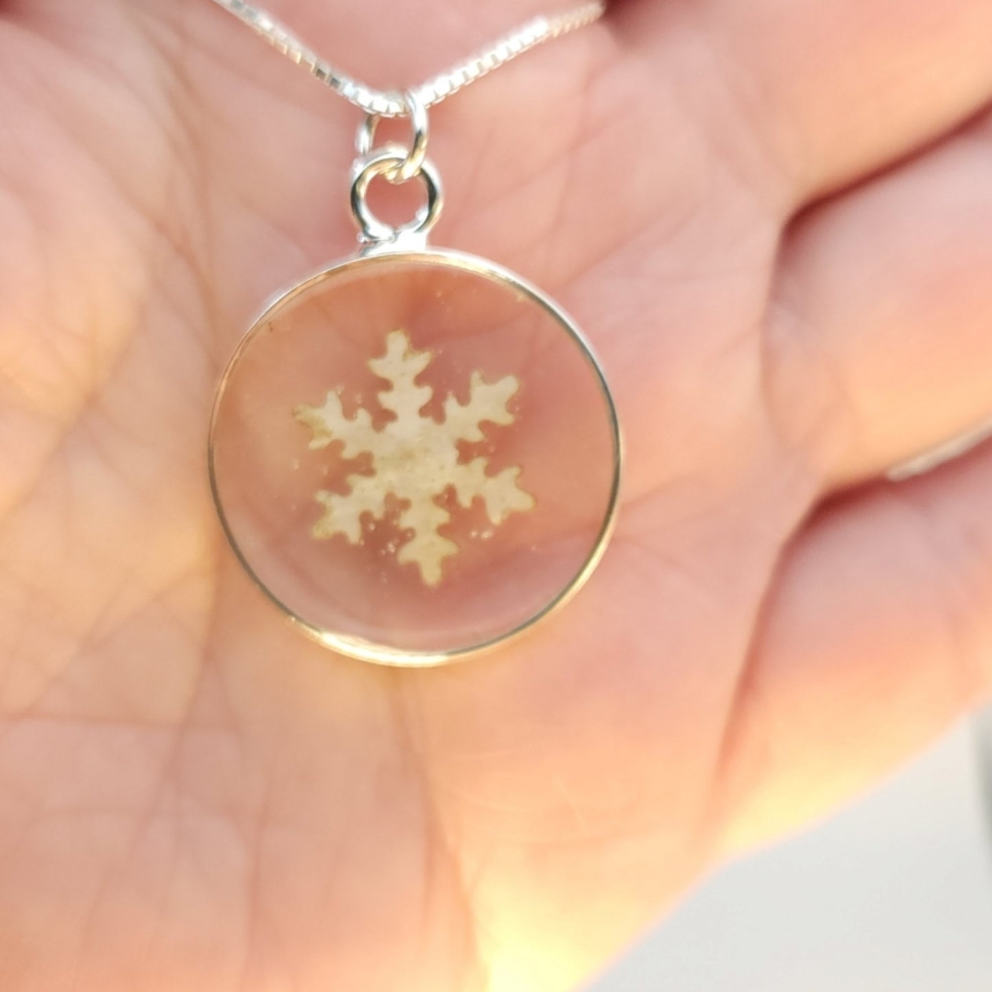 Birch Bark Snowflake Necklace In Silver Bezel