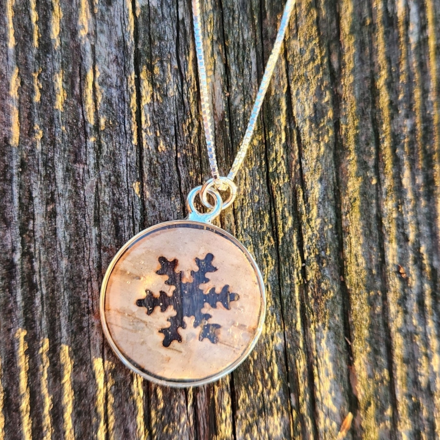 Birch Bark Snowflake Necklace In Silver Bezel