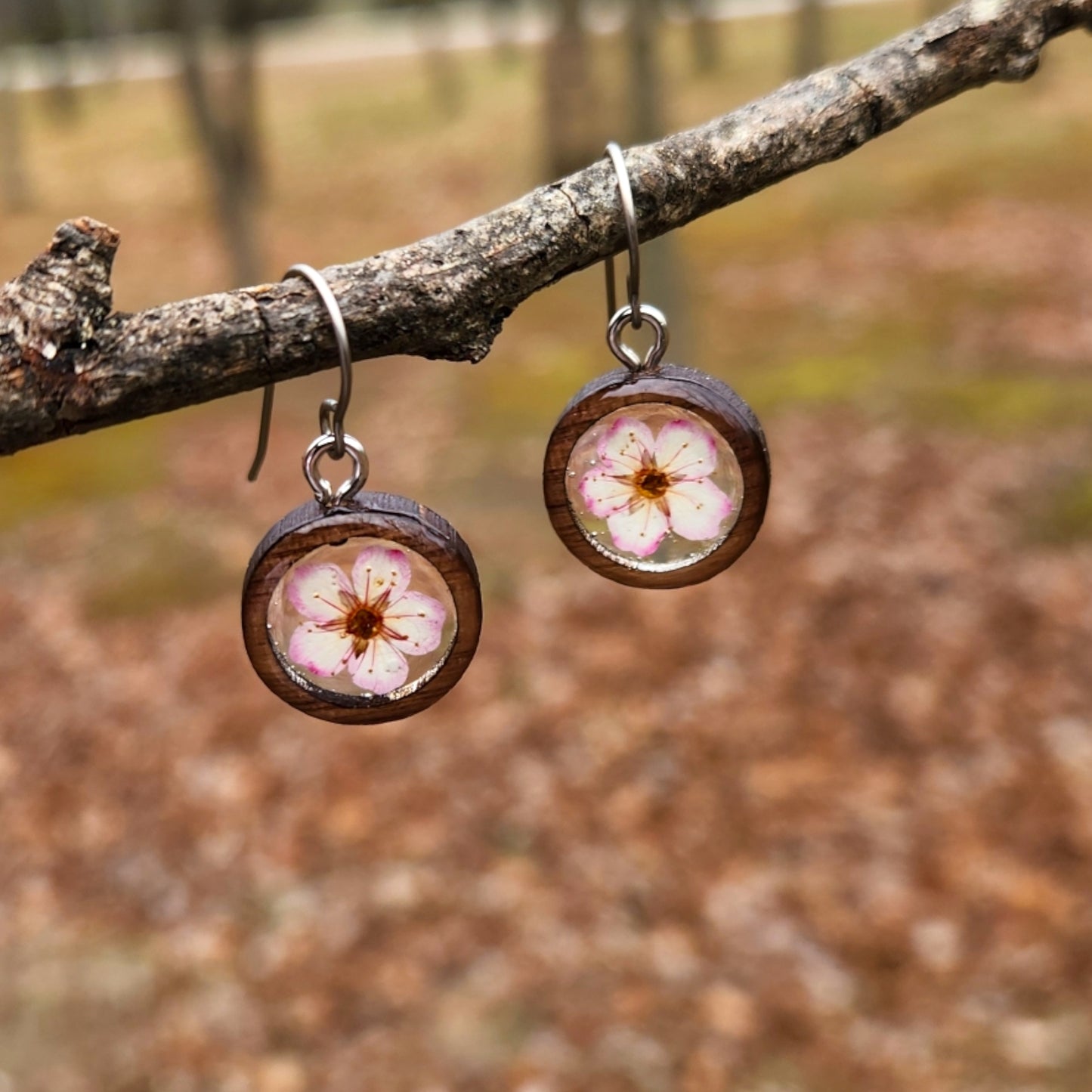 Pink Flower Earrings In Wood Bezel