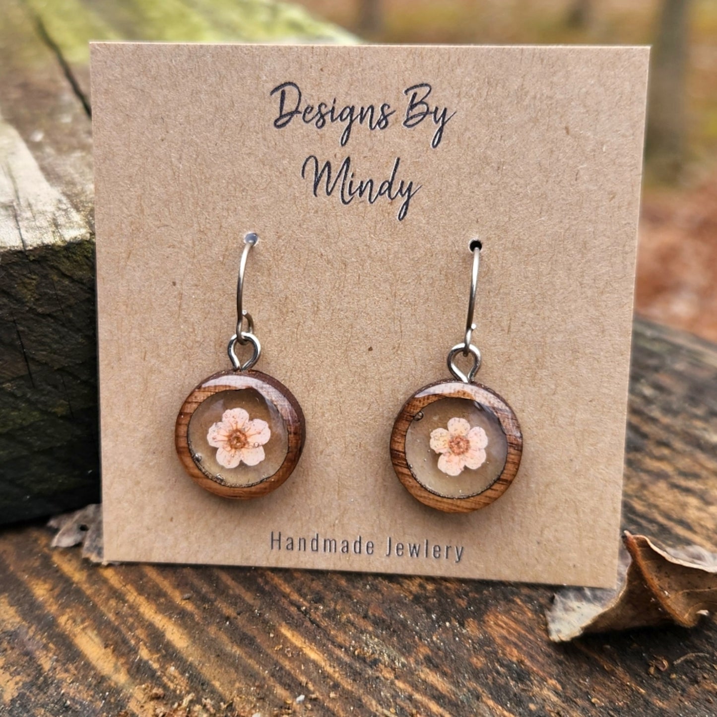 Pink Flower Earrings In Wood Bezel