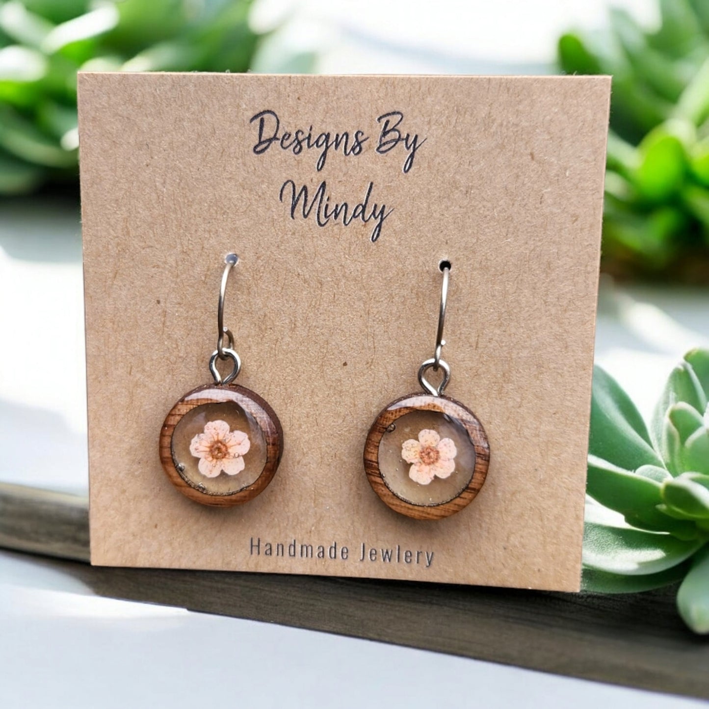 Pink Flower Earrings In Wood Bezel