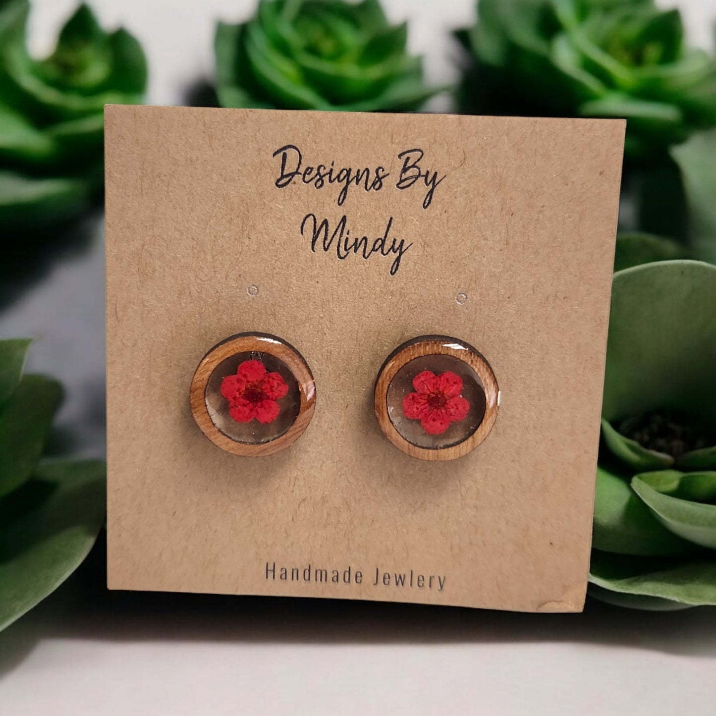 Red Flower Earrings In wood bezel