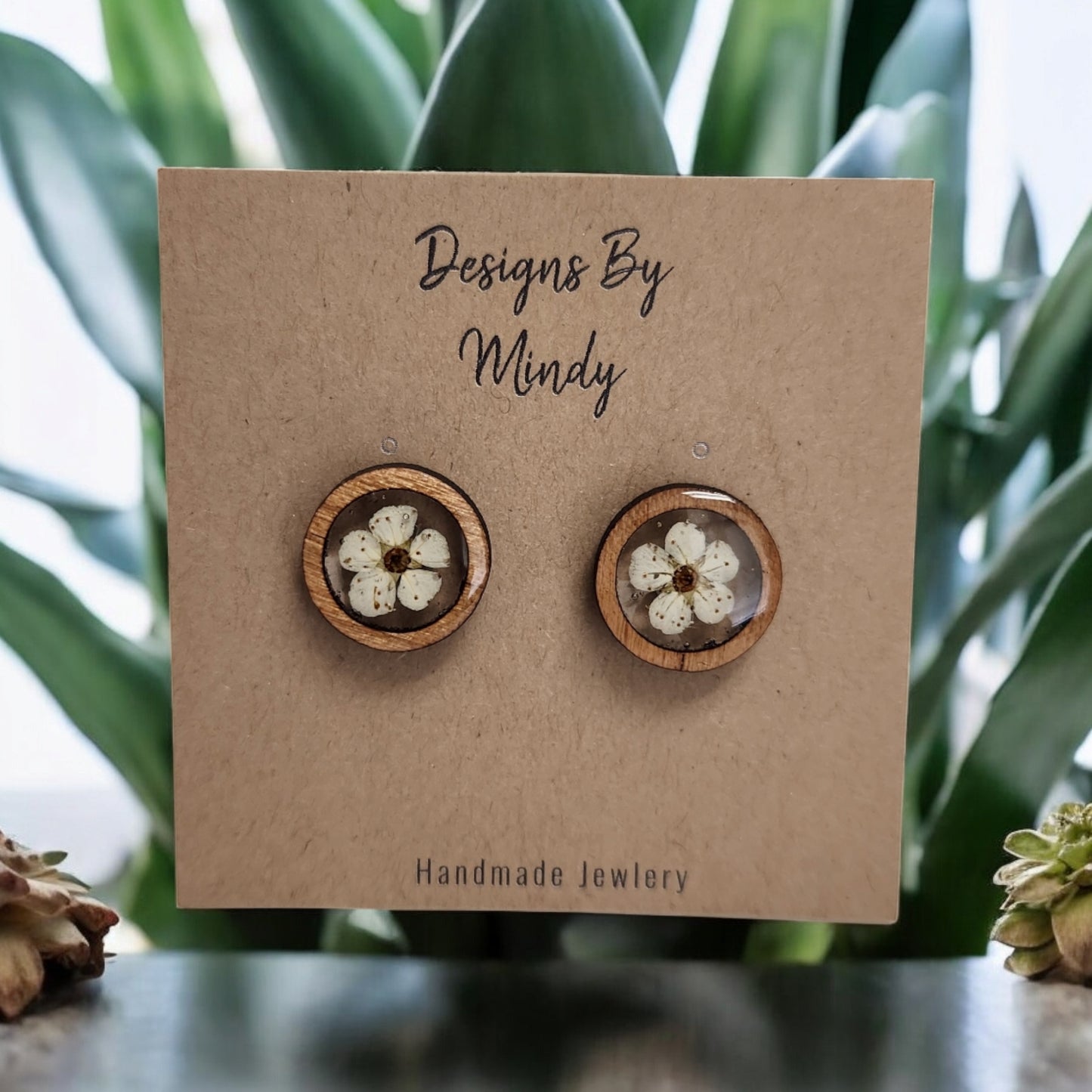 White Flower Earrings In wood bezel