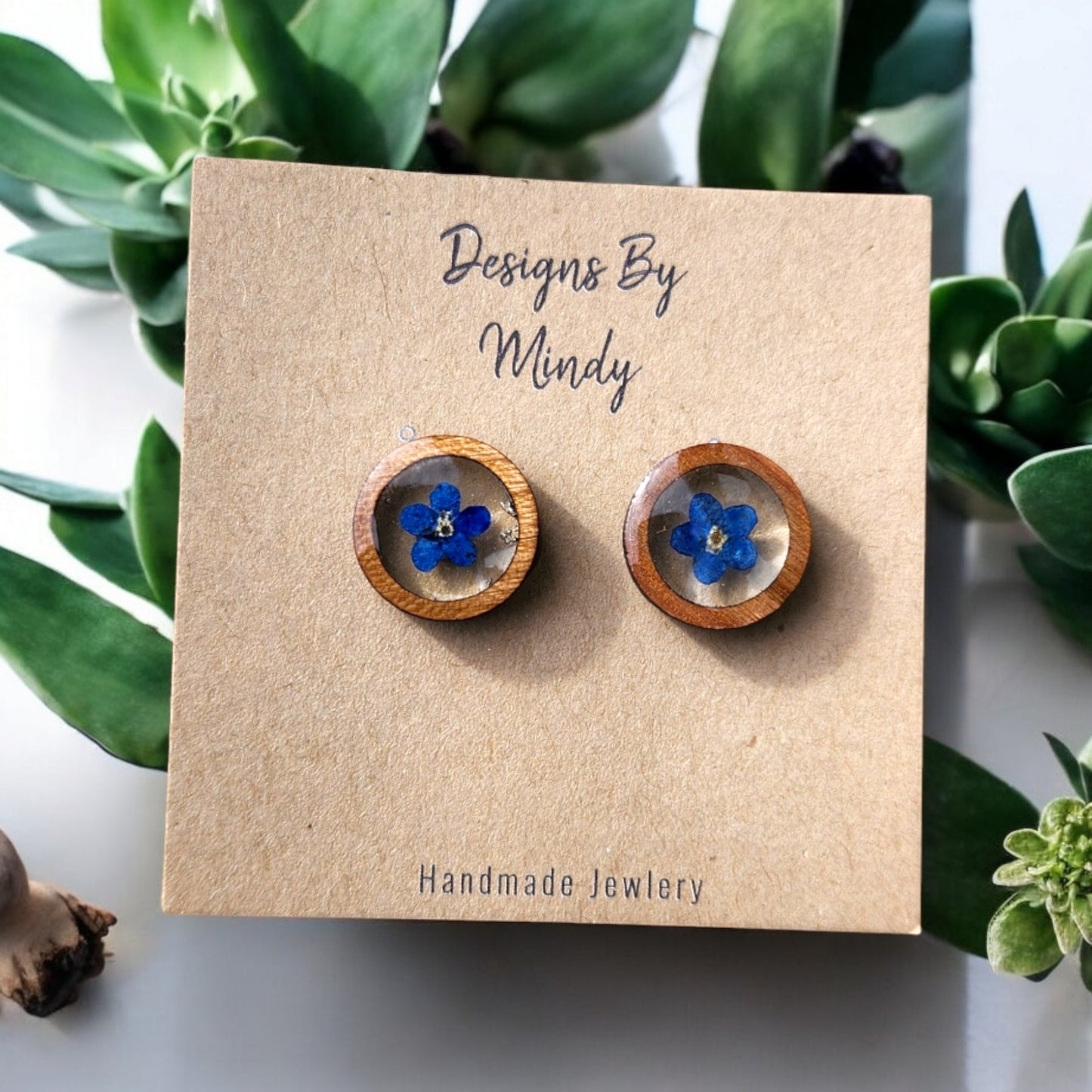 Forget-me-nots Blue Flower Earrings In wood bezel