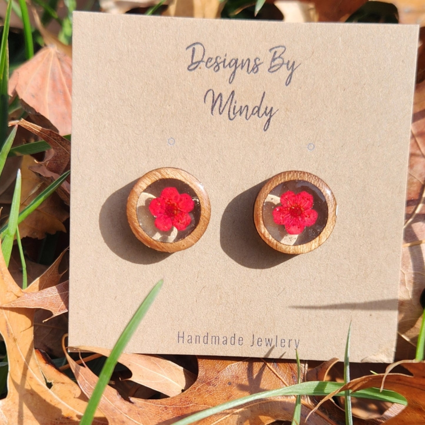 Red Flower Earrings In wood bezel