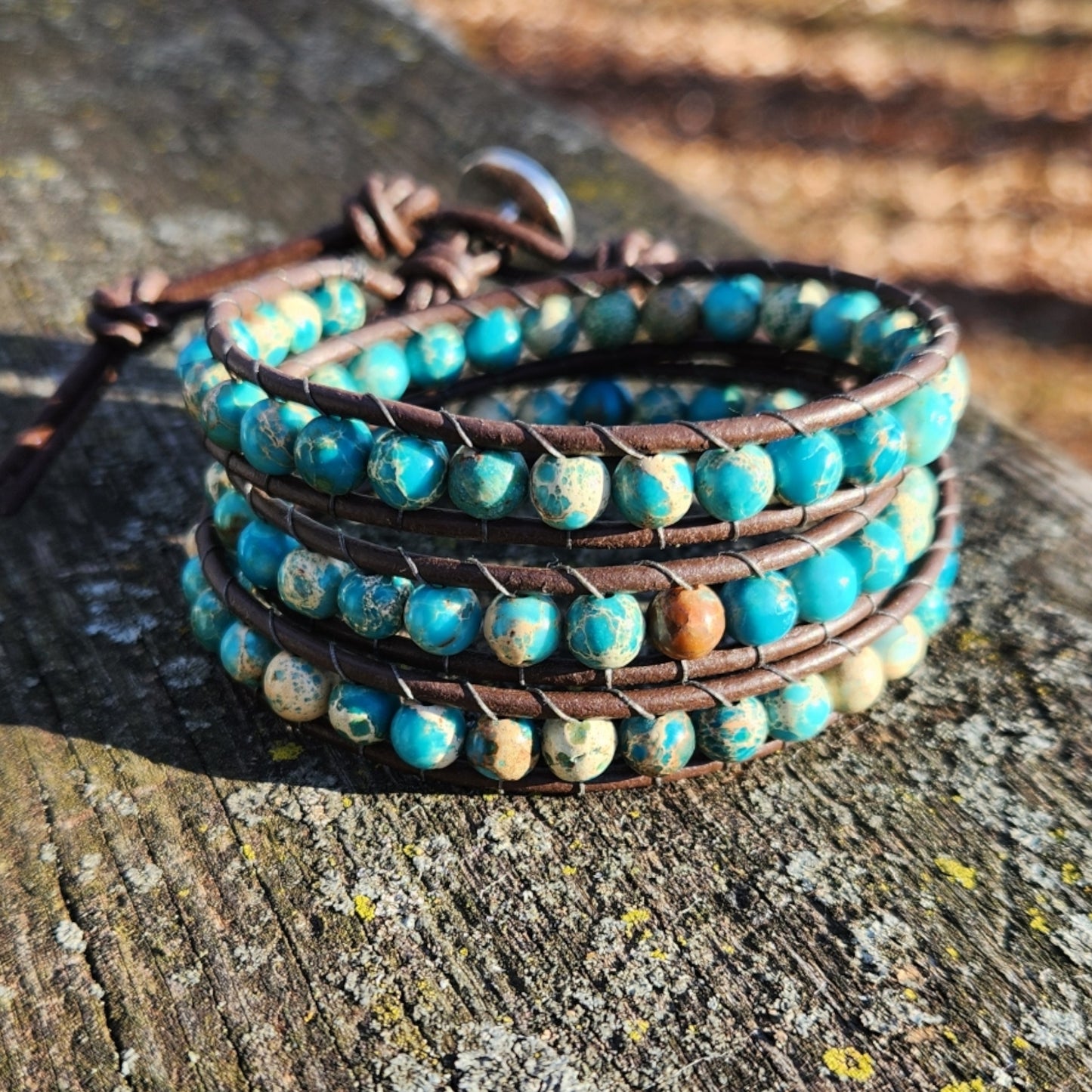 Beaded Wrap Bracelet - Serpentine Jasper On Leather