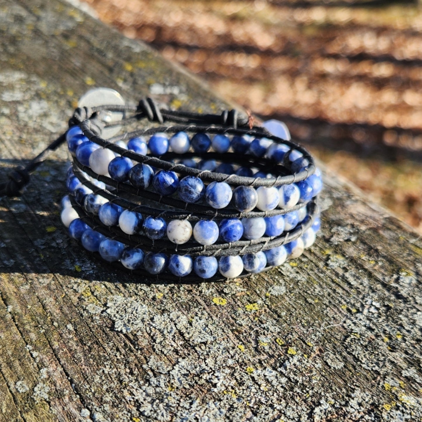 Beaded Wrap Bracelet - Sodalite Beads On Leather