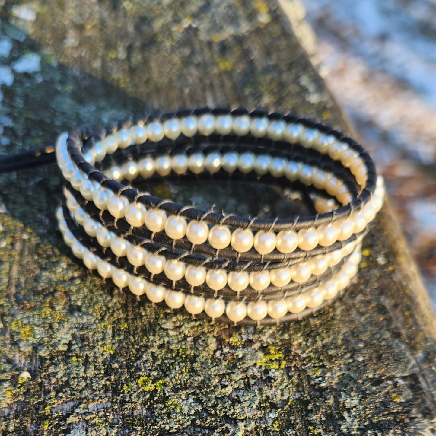 Beaded Wrap Bracelet - Pearls On Leather