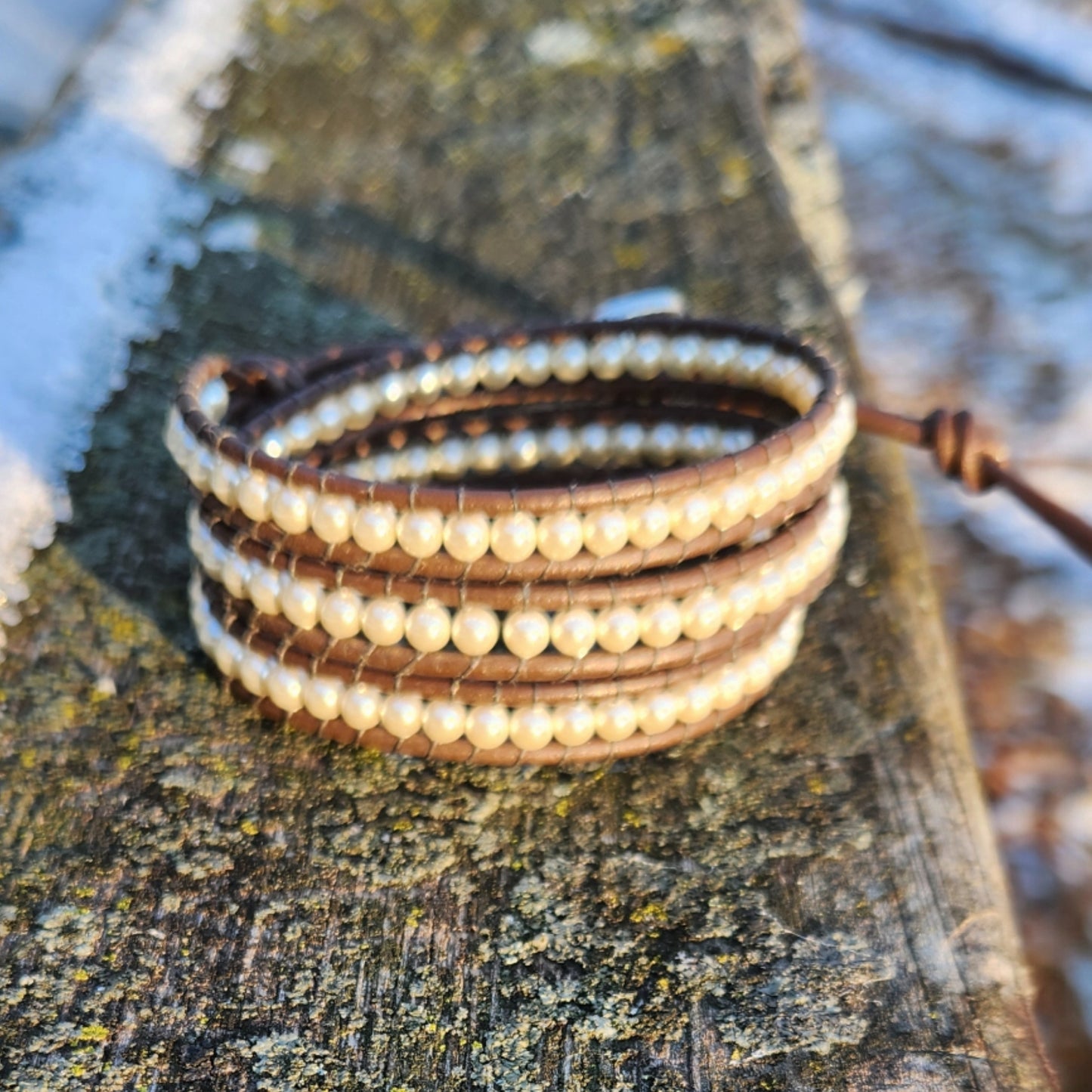 Beaded Wrap Bracelet - Pearls On Leather