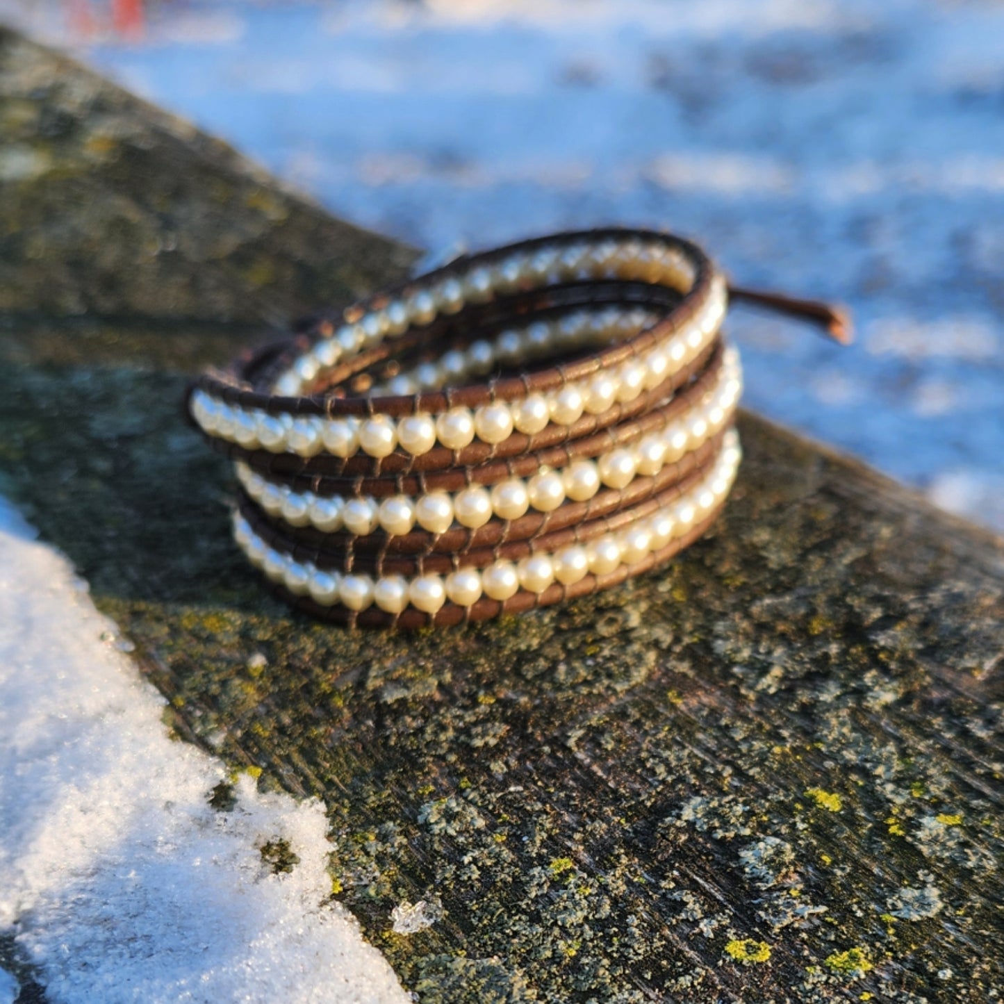 Beaded Wrap Bracelet - Pearls On Leather
