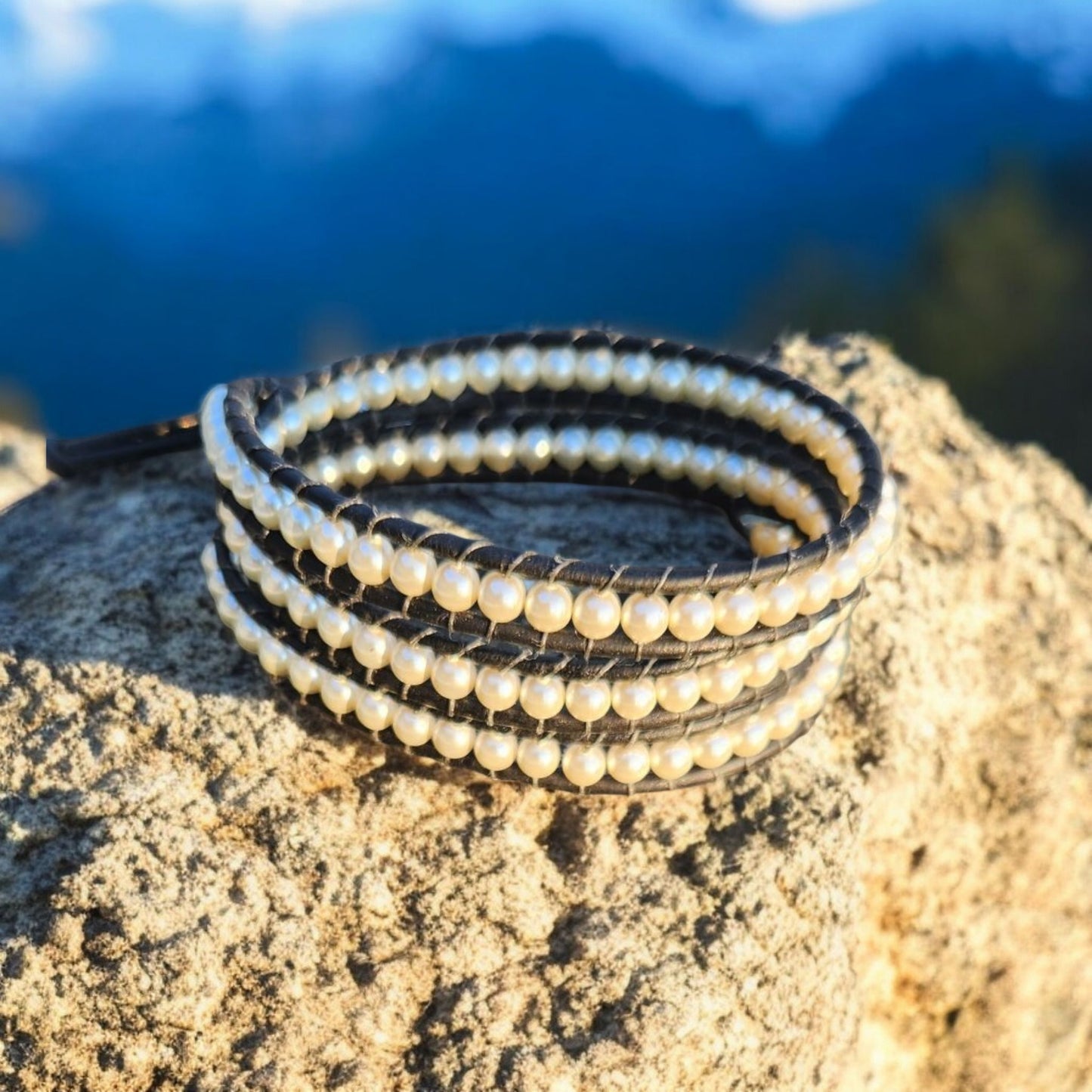 Beaded Wrap Bracelet - Pearls On Leather