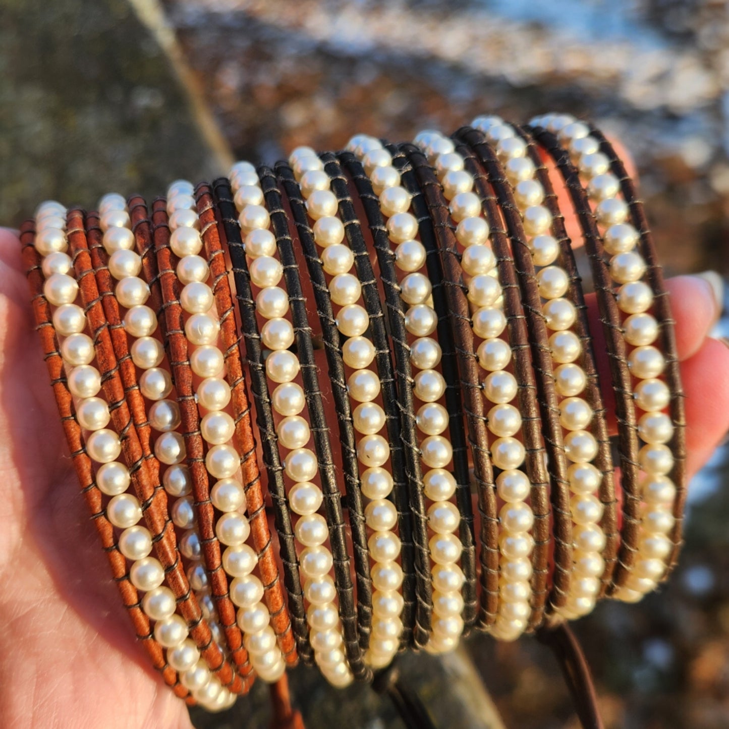 Beaded Wrap Bracelet - Pearls On Leather