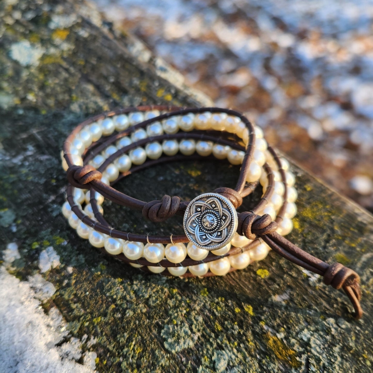Beaded Wrap Bracelet - Pearls On Leather