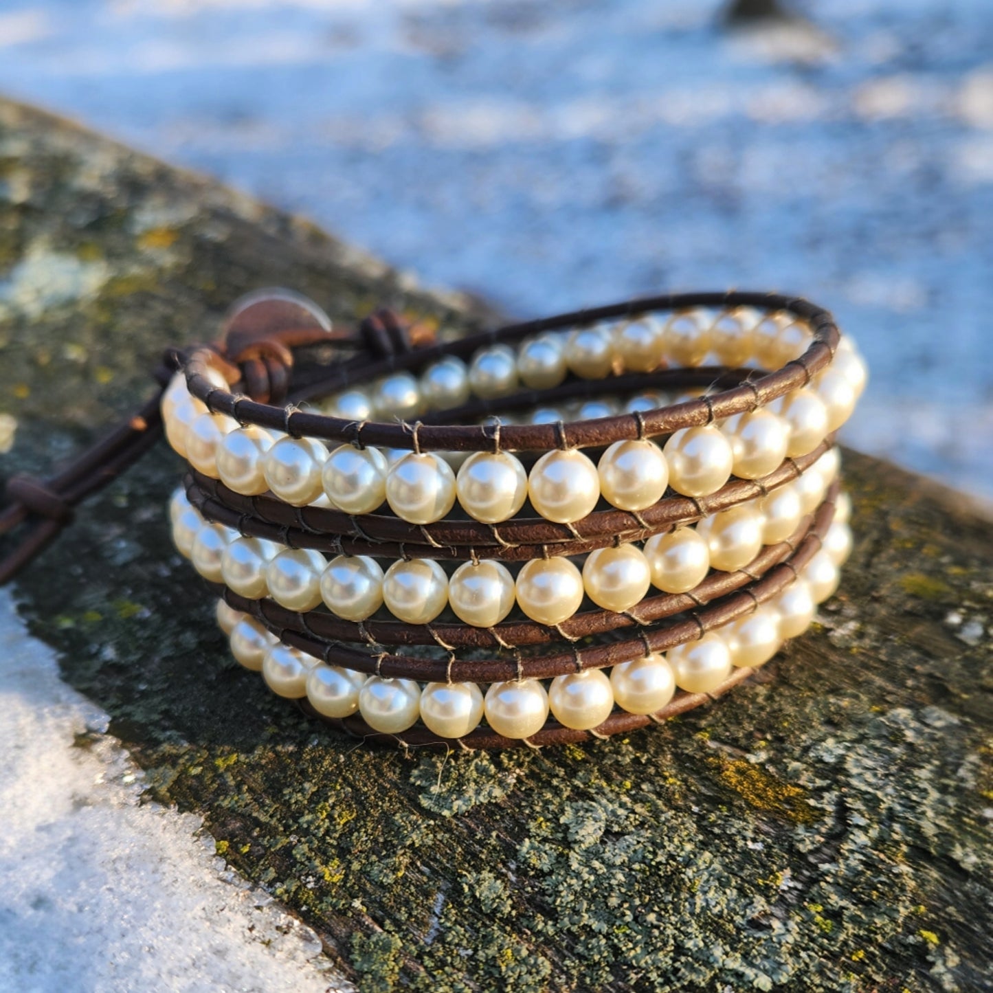 Beaded Wrap Bracelet - Pearls On Leather