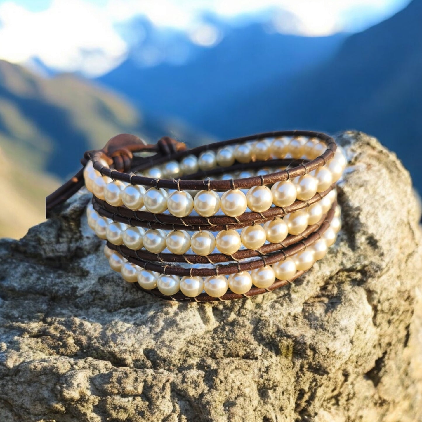 Beaded Wrap Bracelet - Pearls On Leather